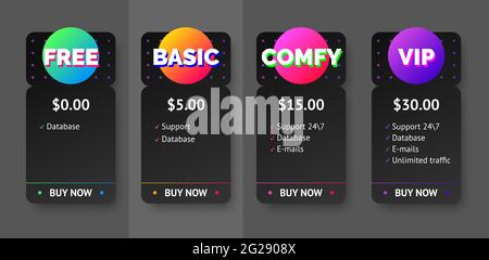 Vector black pricing plan banners infographic template mock up for web. Marketing presentation slide. Business labels concept infographics. 4 options Stock Vector