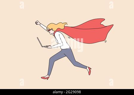 Business success and leadership concept. Young smiling positive businesswoman cartoon character running with laptop with raised hand and superman costume vector illustration  Stock Vector