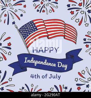 Happy USA Independende Day design with waving national flag. 4th of July. Hand drawn vector illustration Stock Vector