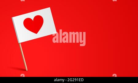 White little paper flag with heart icon, sticked on a red background. Romantic vector banner with copy space. Stock Vector