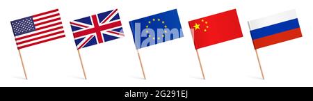 World flags with wooden sticks, sticked on a surface. Small paper world flags, vector illustration. Stock Vector