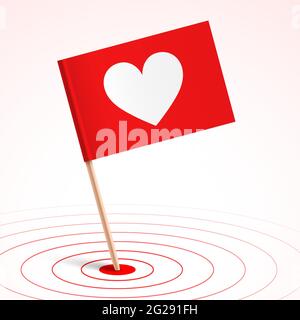 Romantic place, concept vector illustration. Red paper flag with heart icon, sticked in the center of the radar waves. Stock Vector