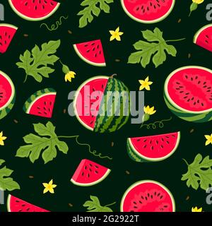 Watermelon vector Seamless pattern. Watermelon, whole, sliced, halves, slices and leaves for fabric, tablecloth, kitchen textiles, for clothing, wrapping paper. Stock Vector