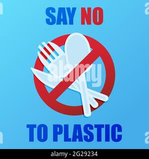 Stop plastic pollution. Save our Earth. Banner with red prohibition sign crossed out by plastic utensils. Spoon fork knife made of plastic. Environmen Stock Vector