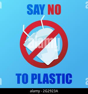 Stop plastic pollution. Save our Earth. Banner with red prohibition sign crossed out plastic cups. Environmental poster. Say no to plastic. Stock Vector