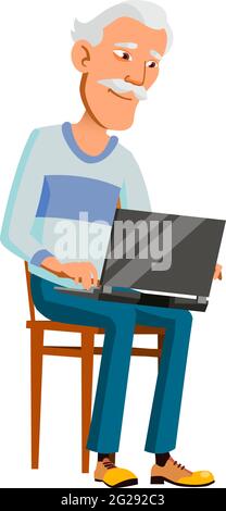 senior japanese man working on laptop in kitchen cartoon vector Stock Vector