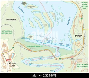Vector map of Victoria Falls on the Zambezi River, Samia, Zimbabwe Stock Vector
