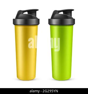 Vector realistic 3d green and yellow empty drink shaker for sports nutrition, whey protein or gainer. Plastic sport bottle, mixer or beverage container isolated on white background. Accessory for gym. Stock Vector