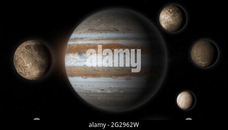 Jupiter planet and her moons in the outer space Stock Photo