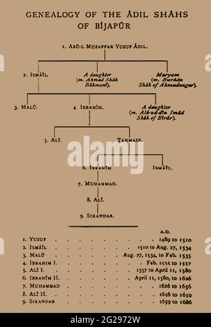 Genealogy of the Adil Shas of Bijapur ( aka  Adil Shahi or Adilshahi of Vijayapura) which  had been a province of the Bahmani Sultanate  before its  decline in the  15th century and eventual collapse in 1518. The Bijapur Sultanate was absorbed into the Mughal Empire on 12 September 1686 when taken over by the Emperor Aurangzeb. Stock Photo