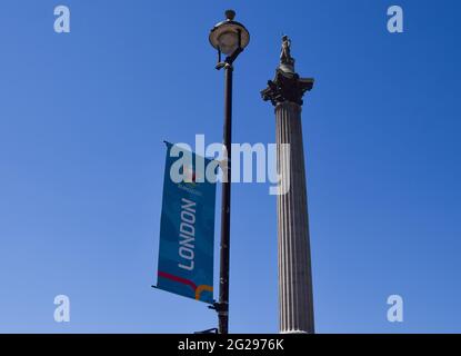 London, United Kingdom. 9th June 2021. Euro 2020 banners have been installed at Trafalgar Square ahead of the football tournament which starts on June 11th.  (Credit: Vuk Valcic / Alamy Live News).