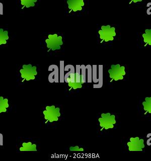 Seamless floral pattern. Four leaves green gradient Clovers on black background. Symbol of good luck, success, money, St. Patrick's Day. Vector illust Stock Vector