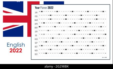 Planner calendar for 2022. Wall organizer, yearly planner template. Vector illustration. Vertical months. One page. Set of 12 months. Stock Vector