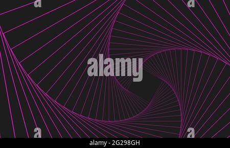 Abstract geometric banner. Swirling pink lines on a gray background. Whirl square, wave stripes, rotation movement, neon spiral image. Futuristic twis Stock Vector