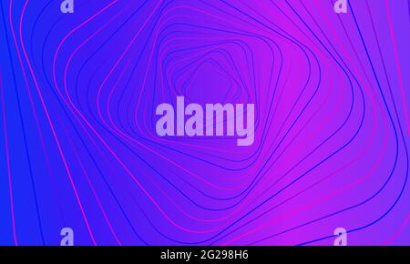 Abstract geometric banner. Swirling purple lines on gradient pink background. Whirl square, wave stripes, rotation movement, neon image. Futuristic tw Stock Vector