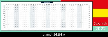 Big, broad wall planner for 2021. Whole year on one page. Simple calendar template or ready for print. Spanish language. Free copy space. Vector. Stock Vector