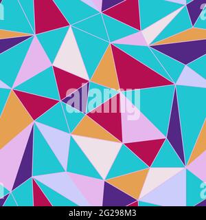 Seamless abstract color polygonal pattern. Pink, yellow, purple line triangles on blue background. Vector mosaic geometric illustration for wallpaper, Stock Vector