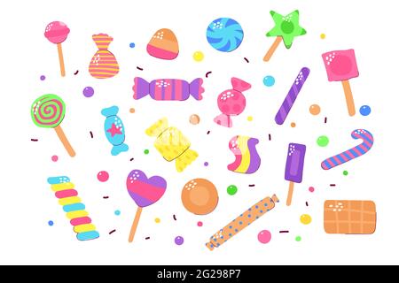 Cute multicolored candy set. Sugar Sweets isolated on white background. Gummy, Chocolate, Caramel, Lollipops, Jelly, Peppermint, Marmalade, Drops of d Stock Vector
