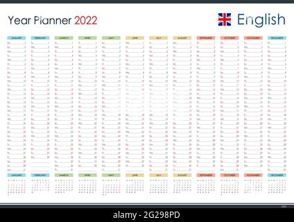 Planner calendar for 2022. Wall organizer, yearly planner template. Vector illustration. Vertical months. One page. Set of 12 months. Stock Vector