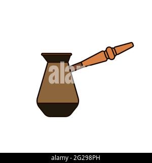 Turkish Coffee pot. Kitchen utensils for brewing drink isolated on white background. Simple cookware. Turk symbol of good morning. Americano pot sign. Stock Vector