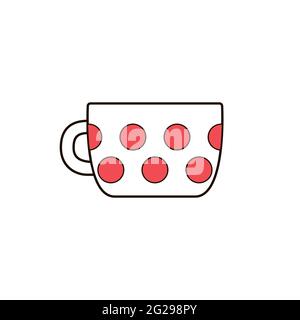 Cute big polka dots cup of coffee, tea. Mug with latte, americano, cappuccino isolated on white background. Hot drink in glass with handle, pink point Stock Vector