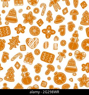 Seamless Cartoon Christmas gingerbread cookie pattern. Hand drawn pastries on white background. Baked Christmas tree, star, snowflake, man, house. Hom Stock Vector