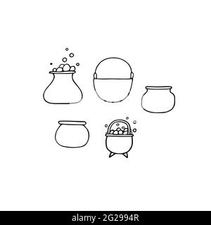 Magic cauldron of potion doodle set. Outline witchs boiler isolated on white background. Halloween brew kettle with bubbles. Vector illustration for s Stock Vector