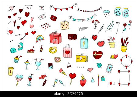 Doodle Valentines Day set. Hand drawn love symbol isolated on white background. Cute gifts, flowers, jars, flags, letter, sweets with hearts. Feelings Stock Vector