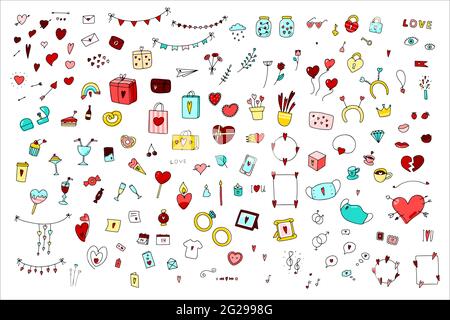 Big Doodle Valentines Day set. Hand-drawn love symbol isolated on white background. Cute greeting cards, envelopes, gifts, accessories with hearts. Ba Stock Vector