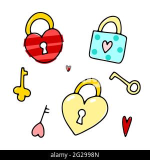 Doodle Valentines Day hearts padlock set. Hand drawn color love symbol on white background. Cute greeting hearts lock, key image. February 14, wedding Stock Vector