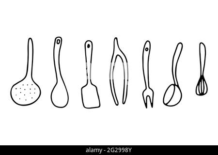 Doodle set of items for cooking food. Outline sifting dish, strainer, cutlery, spatula, tongs, ladle, whisk, spoon isolated on white background. Cozy Stock Vector