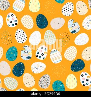 Seamless vector Happy Easter pattern. Painted Eggs with colored Scandinavian ornaments on Orange background. Festive spring Polka dot, stripes, crosse Stock Vector