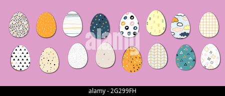 Set of Easter eggs with Scandinavian geometric ornament. Color Outline painted eggs isolated on purple background. Cute hand drawn Happy Easter vector Stock Vector