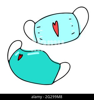 Doodle medical face mask with hearts print. Blue mask isolated on white background. Hand-drawn personal protective equipment against virus coronavirus Stock Vector