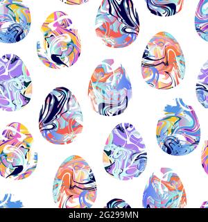 Seamless pattern marble eggs texture. Liquid texture happy easter symbol. Painted pink, lilac, blue gradient egg isolated on white background. Vector Stock Vector