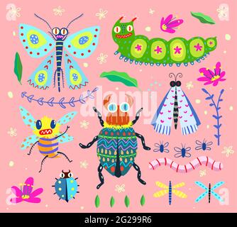 Insects Hand Drawn Bugs Modern Collection Stock Vector