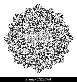 Outline round floral Mandala ornament on white background. Circular spiral pattern for tattoo, wedding decor, henna mehndi, coloring book page, print, Stock Vector