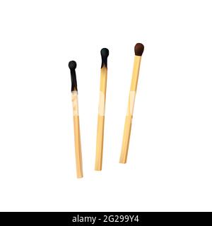 Set of realistic vector safety matches. Wooden new and burnt, charred match sticks isolated on white background. Mesh Matchstick symbol of Ignite, Fir Stock Vector