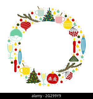 Christmas Scandinavian frame illustration. Copy space wreath. Set of New Year balls, xmas tree, star, branches, candles, berries, champagne, prosecco, Stock Vector