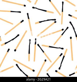 Seamless flat vector safety matches pattern. Wooden new and burnt, charred match sticks isolated on white background. Minimalistic matchstick symbol o Stock Vector