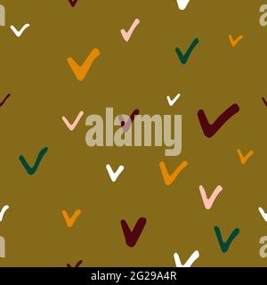 Seamless Scandinavian fall doodle pattern. Red, pink, gold hand-drawn check marks on green khaki background. Vector cozy autumn illustrations for wall Stock Vector