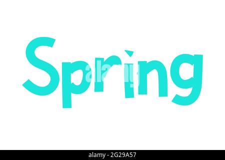 Lettering Spring. Word spring isolated on a white background. Blue hand-drawn inscription. Paper-cut rough letters with the name of the season. Fresh Stock Vector
