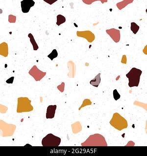 Abstract Seamless stylized Terrazzo tiles pattern. Chaotic mosaic with stones and rock pieces. Marble boho colored texture. Vector illustration for ba Stock Vector