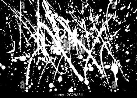 Abstract vector grunge illustration. White splashes of paint on a black background. Random stains, drops, spots, ink prints. Messy handcrafted texture Stock Vector