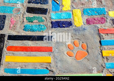 Top view on pieces of multicolored ceramic tiles decorated in garden. Old pavement of tiles textured. Street mosaic cobblestone sidewalk. Abstract,bac Stock Photo
