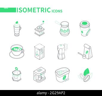 Coffee - set of modern line isometric icons on white background. Cafe or shop idea. Latte, cappuccino, to go hot drinks. Cezve, vending machine, moka Stock Vector