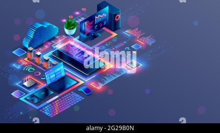 Programming and coding of program product or code. Workplace of computer software developers. Technology creating cross platform application. Modern Stock Vector