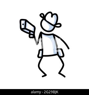 Black and white drawn stick figure of cowboy with gun clip art. Wild masculine weapon for monochrome folk icon sketchnote or illustrated scrapbook Stock Vector