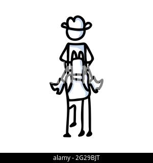 Black and white drawn stick figure of cowboy horseback rider clip art. Wild masculine stallion for monochrome folk icon sketchnote or illustrated Stock Vector
