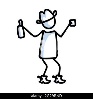 Black and white drawn stick figure of cowboy with drink clip art. Wild masculine bar for monochrome folk icon sketchnote or illustrated scrapbook Stock Vector